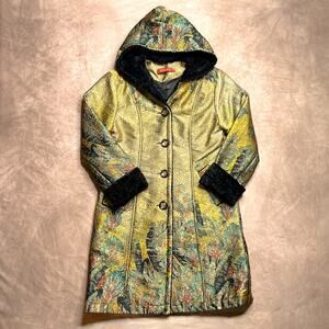 Vintage 90s Floral Print Satin Crinkle Jacket Coat Hooded Chinese Art Streetwear